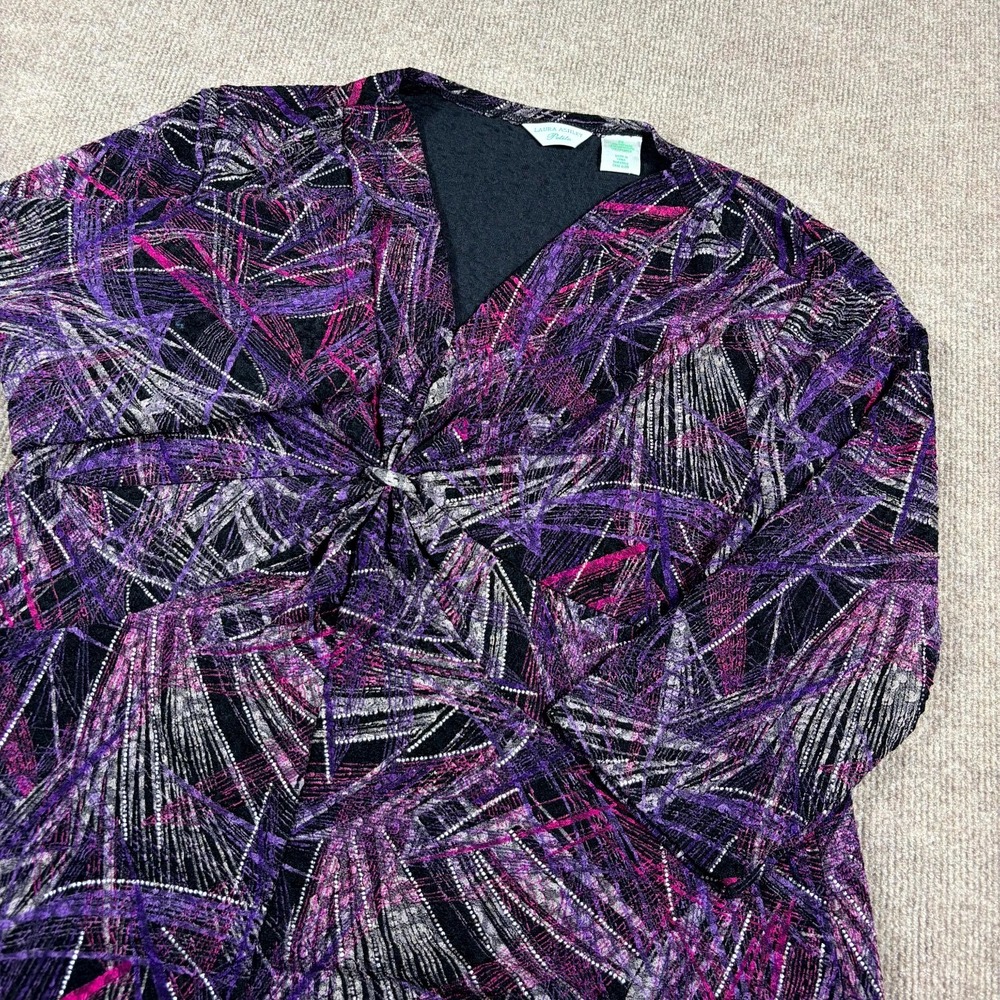 Laura Ashley Twist Front Blouse Top Womens PL Purple Abstract Print Stretch